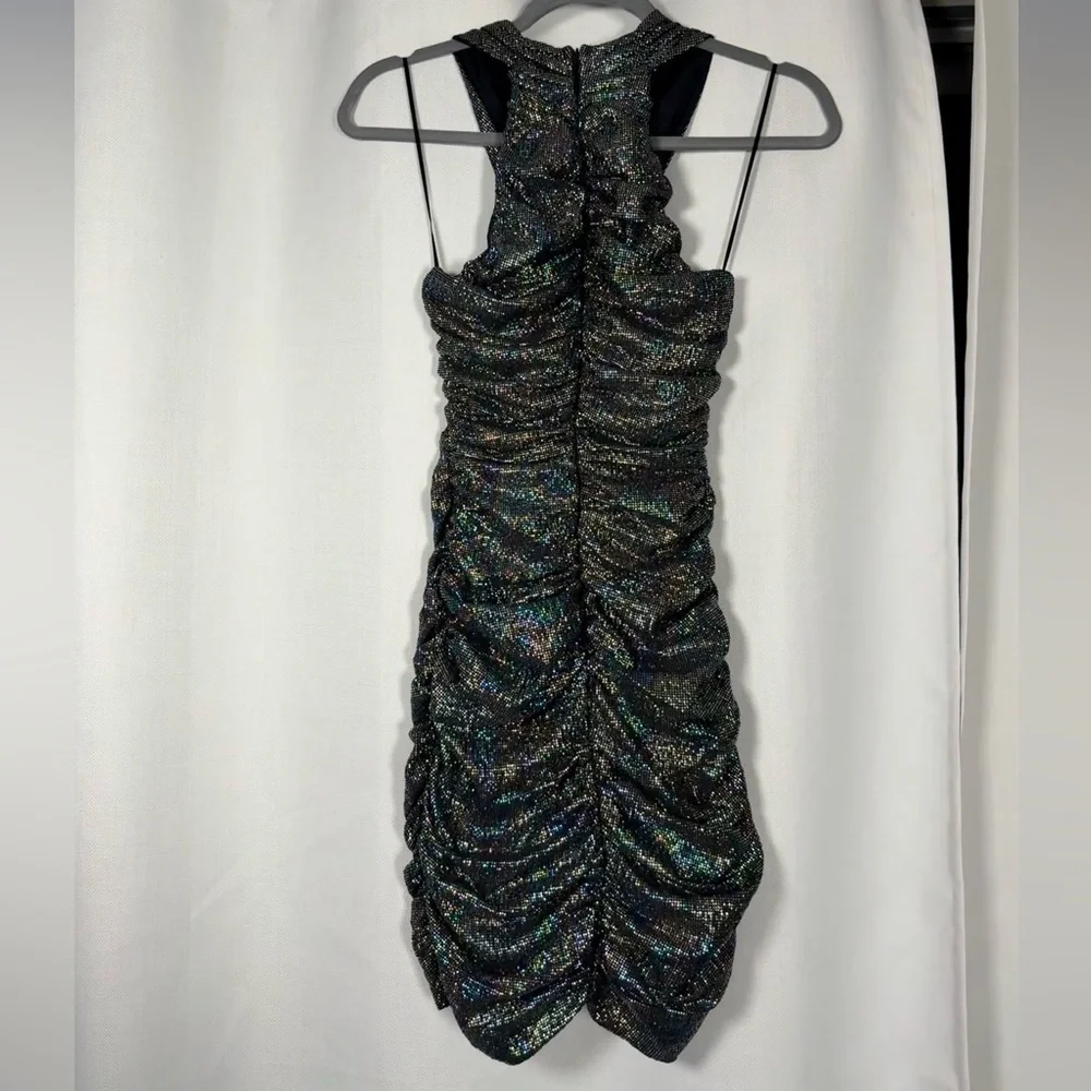 Zara Black Rainbow Metallic Cross Neck Halter Ruched Mini Dress XS